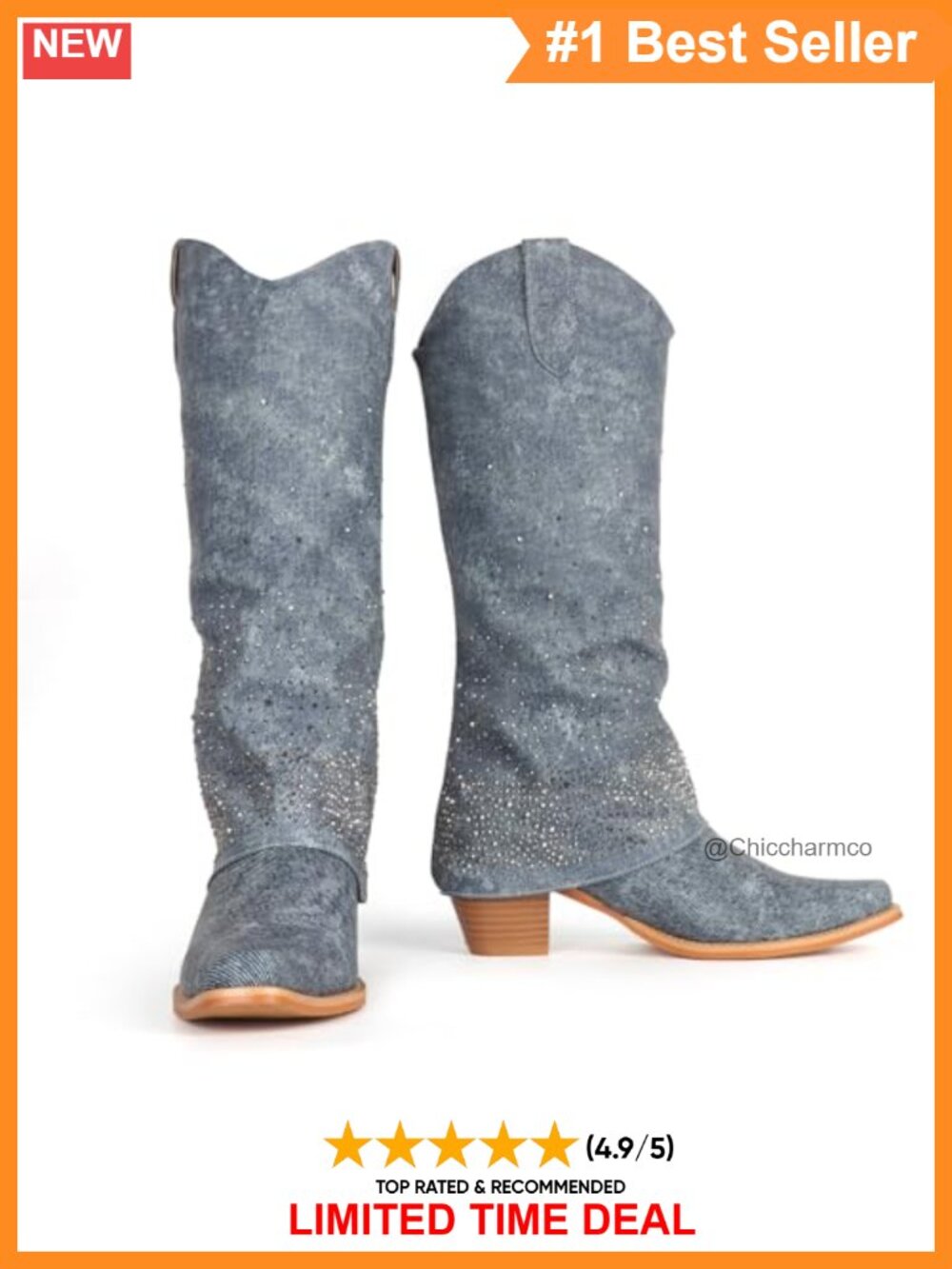 Rhinestone Denim-Like Cowgirl Knee High Boots Fold Over Pointed Toe Chunky Heel